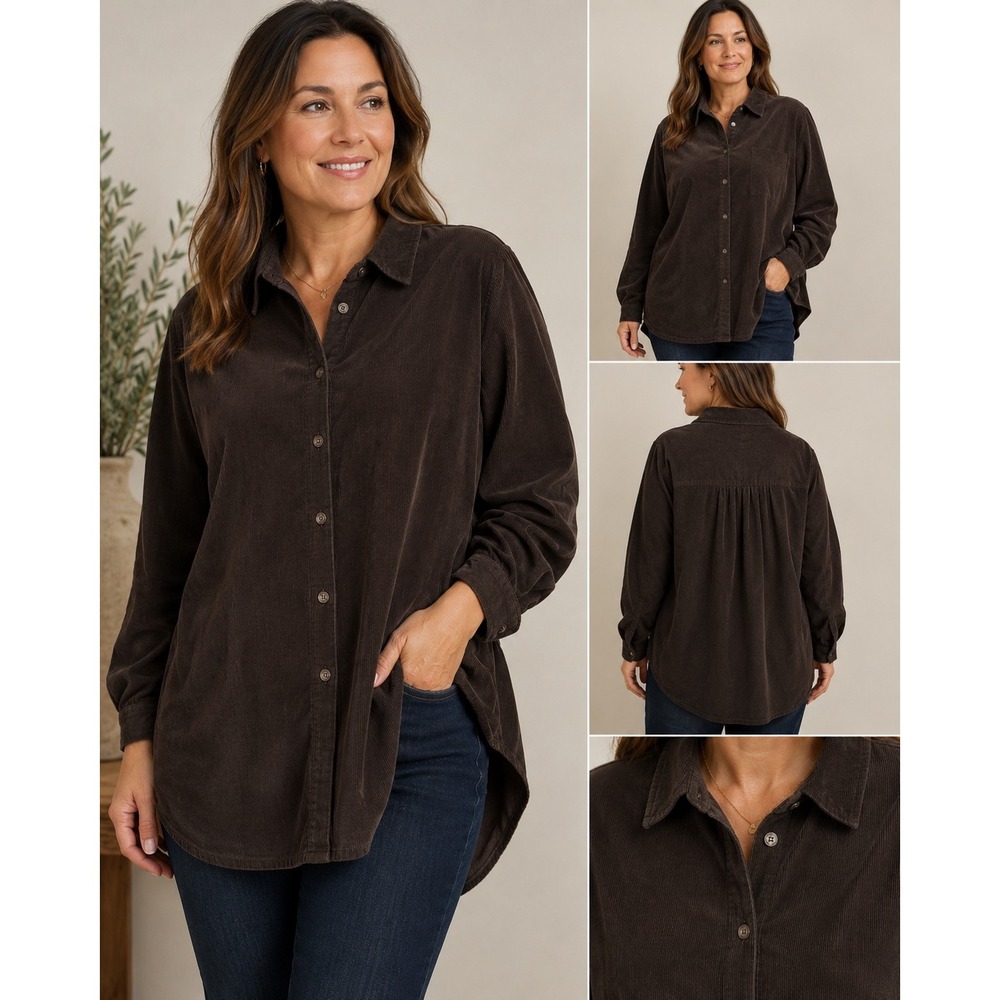 J Jill Brown Corduroy Tunic Shirt Womens XL or 1X Button Front Long Sleeve fall